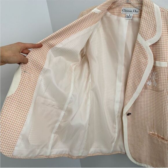 RARE Christian Dior 80's Vintage Pink Houndstooth Two Piece Skirt Blazer Set S - Picture 12 of 15